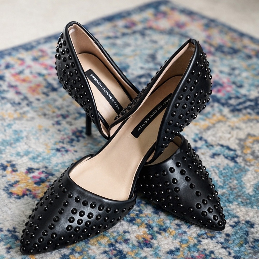 French Connection Studded‎ Pointed Toe D'Orsay Heels Black 8